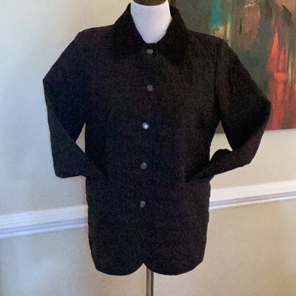 Tommy Hilfiger woven black quilted snap front shirt jacket w/cordu…